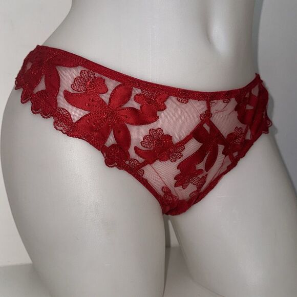 🔥Victoria's Secret Deep Red Floral Lace Bra Set Sz 34D // Large New - Picture 8 of 9